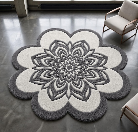 Grey Flower Shaped Rug, Tufted Mandala Area Rug, Floral Living Room Carpet, Aesthetic Bedroom Rug, Cute Daisy Floor Mat, Modern Home Decor