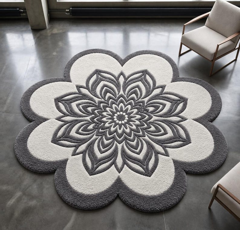 May include: A large, circular area rug shaped like a flower with six rounded petals. The rug features a high-contrast design with a dark gray, intricate, symmetrical mandala-style pattern centered on a cream-colored background with gray borders.