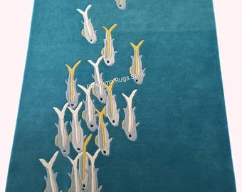 Ocean see Piranha fish rug vintage style weaving fish rug 8x10 feet use for Bedroom rugs Living room rugs kids room any purpose use.