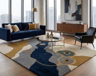 Premium Quality Tufted Rug – Modern Abstract Floor Carpet Hand Tufted Contemporary Rug – Navy Blue and Mustard Area Carpet  8x10 any saiz.