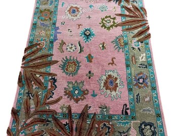Pink Hand Tufted Floral Border Carpet Premium Quality Pink Handmade Rug Designer Pastel Pink Area Carpet Floral Border Carpet any size.