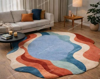 Modern Abstract Tufted Rug with Soft Blue & Terracotta Design High Quality Tufted Carpet for Contemporary Spaces 100% wool any size 8x10.