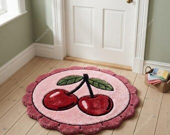 Cherry Tufted Rug, Cute Pink Fruit Area Rug, Aesthetic Aesthetic Bedroom Decor, Fluffy Living Room Mat, Handmade Tufted Floor Carpet.
