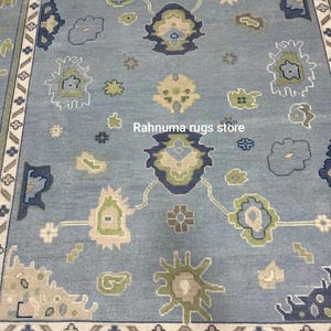 Neutral colour tone Turkish Oushak rug Hand knotted floral carpets Wool Rug Grey & Blue Tribal Patter Modern Rug Living Room Luxury Wool Rug