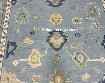 Neutral colour tone Turkish Oushak rug Hand knotted floral carpets Wool Rug Grey & Blue Tribal Patter Modern Rug Living Room Luxury Wool Rug