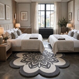 May include: A large, circular, flower-shaped area rug featuring a central mandala-inspired pattern in dark gray and cream. The rug has a thick, tufted texture and is positioned on a smooth floor between two beds with white bedding and gray pillows.