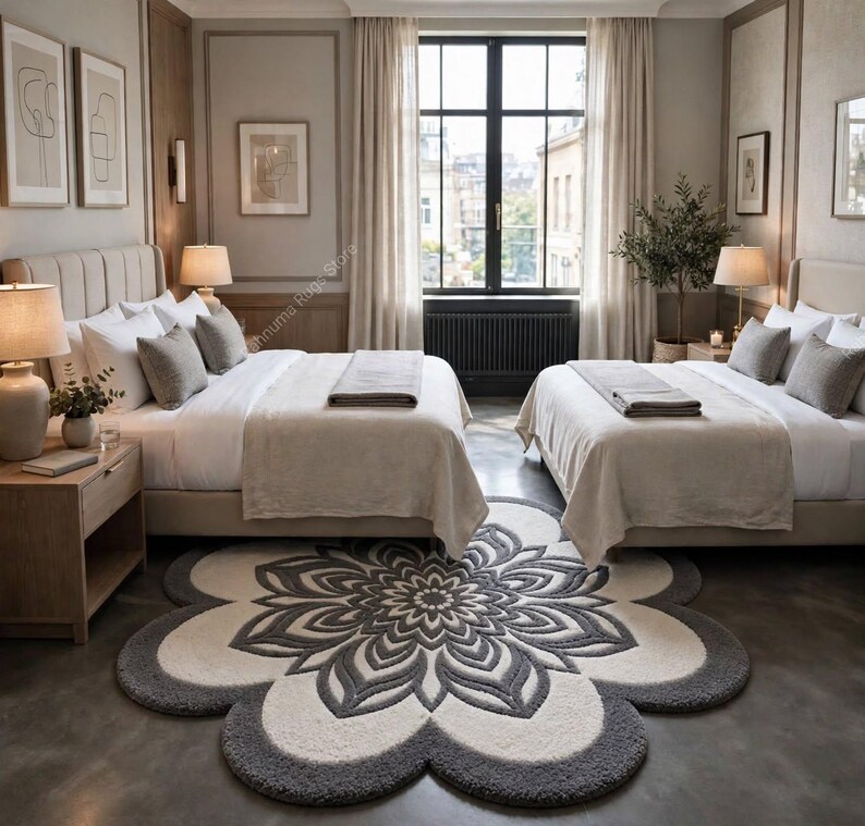 May include: A large, circular, flower-shaped area rug featuring a central mandala-inspired pattern in dark gray and cream. The rug has a thick, tufted texture and is positioned on a smooth floor between two beds with white bedding and gray pillows.