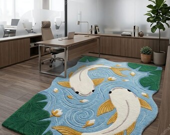 Handmade Koi Fish Tufted Rug | Japanese Zen Area Rug | Cute Aesthetic Carpets for Living Room & Office Decor | Unique Tufted Floor Mat.
