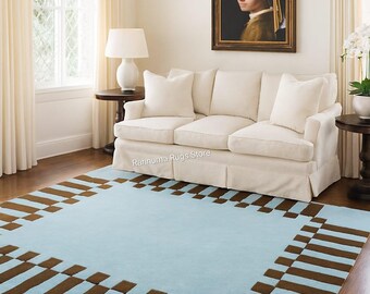 Modern Blue and Brown Hand Tufted Area Rug Elegant Living Room Hand Tufted Carpet High Quality Blue Tufted Decorative Rug 8x10 any size.