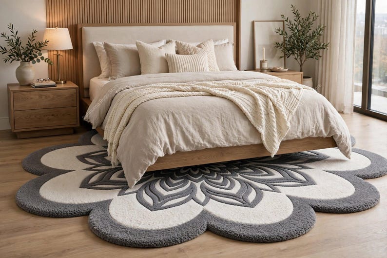 May include: A large, circular, flower-shaped area rug featuring a central mandala pattern in shades of dark gray and cream. The rug has a thick, textured pile with scalloped edges that extend outward, creating a distinct floral silhouette on the floor.