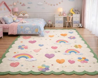 Pastel Rainbow Tufted Rug for Kids Room Colorful Rainbow and Heart Tufted Carpet Cute Pastel Rug for Baby Room Decoration 8x10 any size.