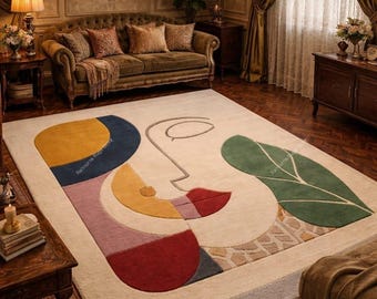 Handmade Modern Face Design Rug –Artistic Tufted Carpet Abstract Art Tufted Rug  Modern Colorful Living Room Carpet any size 8x10 available.