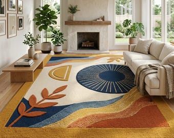 Luxury Yellow Wool Blue Pattern Hand Tufted Area Rug Premium Quality Hand Tufted Wool Rug Yellow and Blue Design 8x10 saiz available.