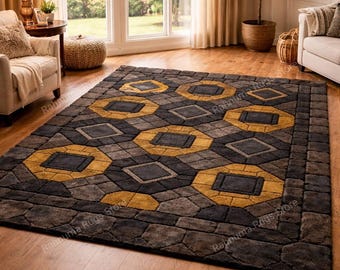 Modern Geometric Tufted Rug in Charcoal and Mustard Luxury Soft Pile Geometric Rug Luxury Hand Tufted Living Room Carpet any size 8x10 saiz.