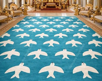 Handmade Flying Bird Rug Blue Modern Tufted Area Carpet 100% wool Handmade Tufted Living Room Rug Luxury Handmade Bird 8x10 saiz available.