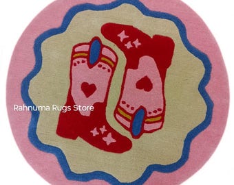 Luxury hand tufted carpet Cute & Stylish Kids Boots Rug Round Pink Cowboy Boots Kids Rug Bright Cheerful Kids Round Rug 5x5 feet any size.