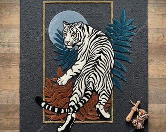 Luxury Tiger Face Kitchen Mat Modern Jungle Tiger Accent Rug Cozy White Tiger Door Mat Premium Wild Animal Tufted Mat Size 5x7 available.