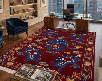 Luxury Hand-Knotted Tibetan Five-Dragon Red Woolen Carpet Royal Tibetan Blue Dragon Premium Rug Hand-Knotted Tibetan Dragon Rug 8x10 saiz.