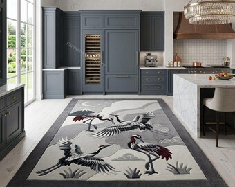 Crane Bird Tufted Rug – Handmade Nature Inspired Area Carpet Luxury Crane Bird Tufted Rug – Artistic Nature Area Rug 5x8 feet available.