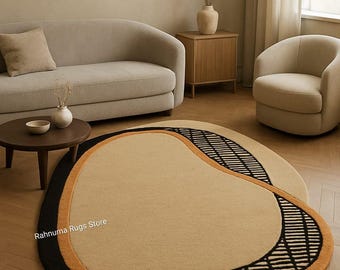 Modern Abstract Hand Tufted  with Organic Shape. Contemporary Beige & Black Hand Tufted Area Rug Modern Neutral Color Hand Tufted 8x10 feet