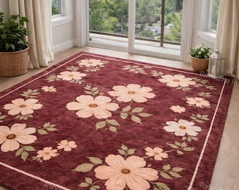 Handmade Tufted Floral Area Rug Burgundy Red Living Room Carpet 100% wool Red Floral Tufted Rug for Modern Home Decor  8x10 saiz available.