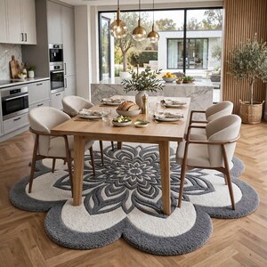 May include: A large, flower-shaped area rug featuring a central mandala-inspired pattern in shades of charcoal gray and cream. The rug has a thick, tufted texture with rounded, petal-like edges that extend outward, creating a soft, floral silhouette.