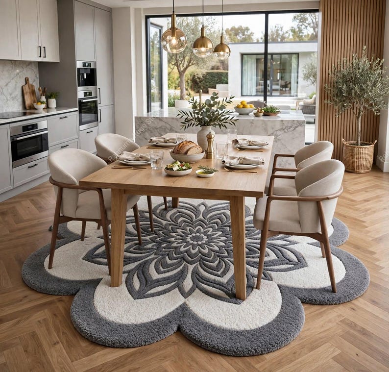 May include: A large, flower-shaped area rug featuring a central mandala-inspired pattern in shades of charcoal gray and cream. The rug has a thick, tufted texture with rounded, petal-like edges that extend outward, creating a soft, floral silhouette.