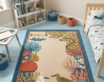 Luxury Coastal Wool Rug Hand-Tufted Sea Shore Carpet Designer Ocean Floor Carpet Wonders Tufted Coral Reef & Marine Life Rug any 5x8 saiz.