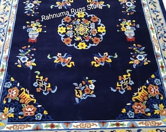 Royal Blue Handmade Traditional Carpet Luxury Blue Background Area Rug Navy Blue Floral Oriental Rug 8x10 feet Classic Rug Design any size.