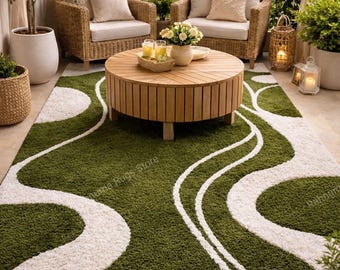 Green and White Abstract Rug, Hand Tufted Modern Area Rug, Luxury & bedroom Home Decor Nature Inspired Green Rug, any 8x10 saiz available.