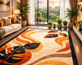 Handmade Tufted Carpet Abstract Leaves Living Room Rug  100% wool Beige Orange Leaf Rug Modern Tufted Area Carpet  any 8x10 saiz available.