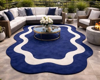 Handmade Blue Wave Shape Tufted Carpet – Living Room Rug Blue Designer Tufted Rug – Modern Living Room Area Carpet 8x10 any saiz available.