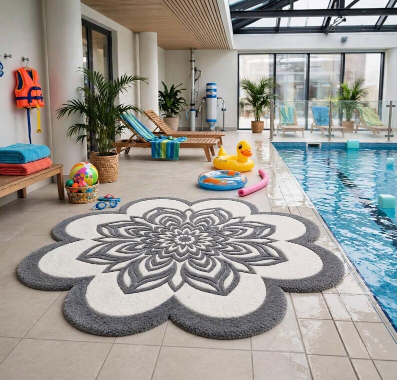 May include: A large, circular, flower-shaped rug featuring a central grey and white mandala pattern with scalloped edges. The rug is textured with a plush pile and displays a symmetrical floral design in shades of dark grey and off-white.