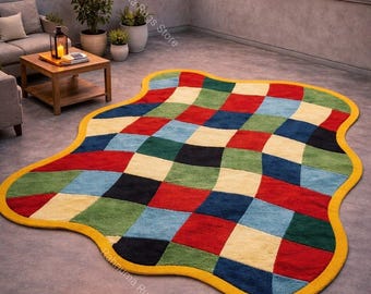 Colorful Checkered Tufted Rug – Modern Wavy Shape Carpet 100% wool Color Block Tufted Rug – Artistic Statement Floor Carpet any 8x10 saiz.