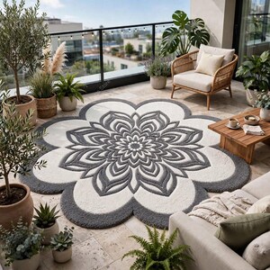 May include: A large, circular, flower-shaped area rug featuring a central mandala pattern in dark gray and white. The rug has a thick, tufted texture with scalloped edges that mimic petals, creating a distinct floral silhouette on the floor.