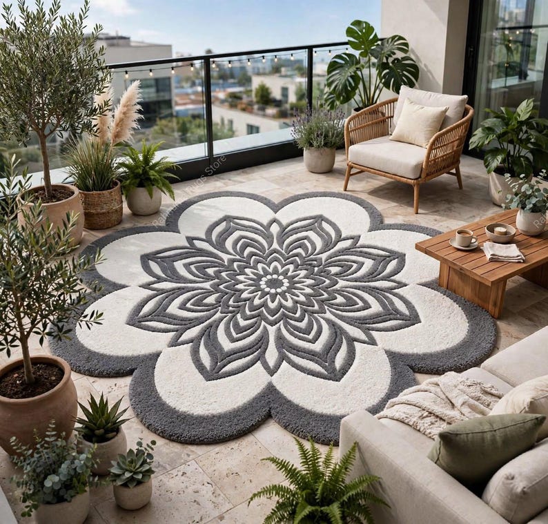 May include: A large, circular, flower-shaped area rug featuring a central mandala pattern in dark gray and white. The rug has a thick, tufted texture with scalloped edges that mimic petals, creating a distinct floral silhouette on the floor.