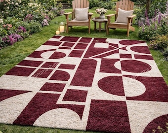Modern Geometric Tufted Rug Burgundy and Ivory Area Carpet Premium Quality Tufted Carpet Abstract Design Indoor Outdoor Style  8x10 saiz.