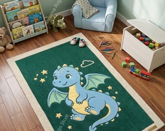 Kids Room Dragon Carpet Handmade Dragon Tufted Rug Cartoon Animal Tufted Rug 5x8 size Decorative Tufted Kids Rug Soft Plush Dragon Rug .