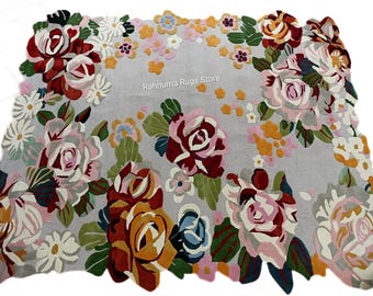 Luxury hand tufted carpet Floral Hand Tufted Carpet – Modern Grey with Colorful Roses Artistic Flower Design Elegant Rose Design any size.