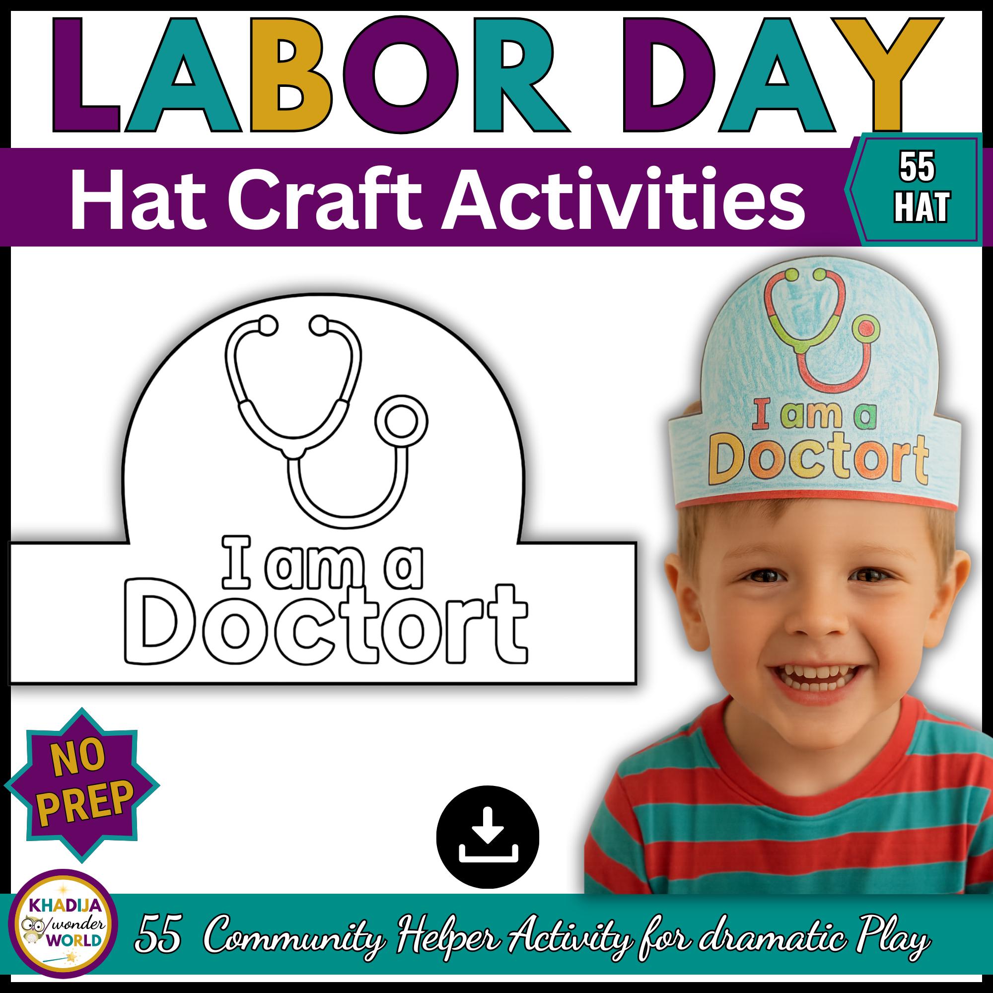 Labor Day Community Helpers Hat Coloring Craft Activity for Dramatic ...