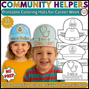 Kit de artesanato com chapéus de profissionais da área da saúde e bem-estar, 55 modelos para colorir para a Semana das Profissões, Educação Infantil ao 3º ano, Download Digital