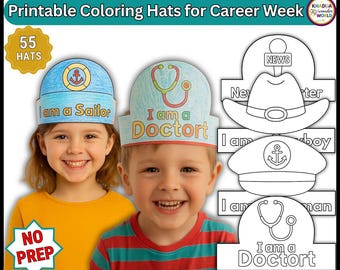 Community Helpers Hat Craft, 55 Printable Coloring Hats for Career Week, K–3, Digital Download