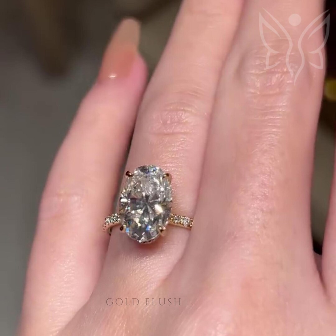 3.5ct Oval Cut Moissanite Engagement Ring, 14k Gold Hidden Halo Ring - Etsy