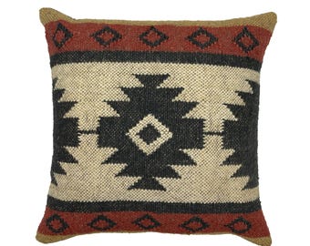 Kilim Pillow, Vintage 20x20 Bohemian Wool Jute Pillow Turkish, Handwoven Pillow, Throw Pillow, Accent Pillow, Home Decor, Decorative Pillow