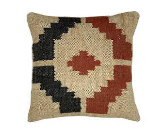 Bohemian Geometric Kilim Pillow – Handwoven Wool Jute Tribal Cushion for Rustic Southwestern Handmade Wool Jute Boho Tribal Pillow