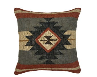 Aztec Kilim Pillow Cover | Handmade Wool Jute Cushion | Boho Tribal Geometric Throw Pillow | Rustic Southwestern Home Decor