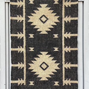 May include: A rectangular, dark gray rug with a geometric pattern in beige. The design features diamond shapes and zig-zag lines. The rug has a fringed edge at the bottom and is likely made of woven material.