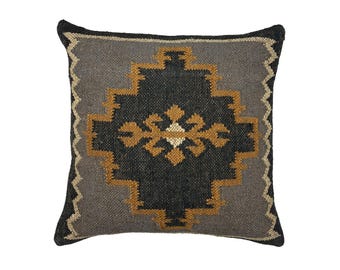 Jute Pillow Cover Blue Yellow Kilim Pillow Cover Handwoven Geometric Bohemian Cushion for Rustic Decor Southwestern Moroccan Square Pillow