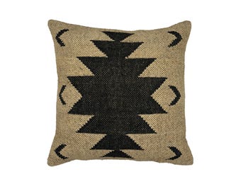 Aztec Kilim Rug Pillow Black Beige | Handwoven Wool Jute Geometric Bohemian Throw Cushion | Tribal Aztec Kilim Pillow Cover Boho Cushion
