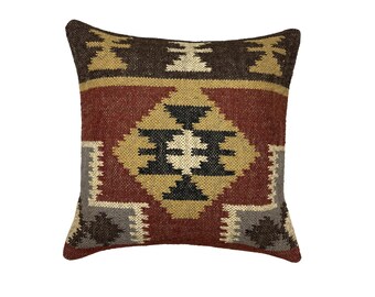Kilim Cushion Cover, Handwoven Jute Kilim Pillow, Vintage Turkish Moroccan Decor, decorative cushions, Housewarming 18x18 pillow cover